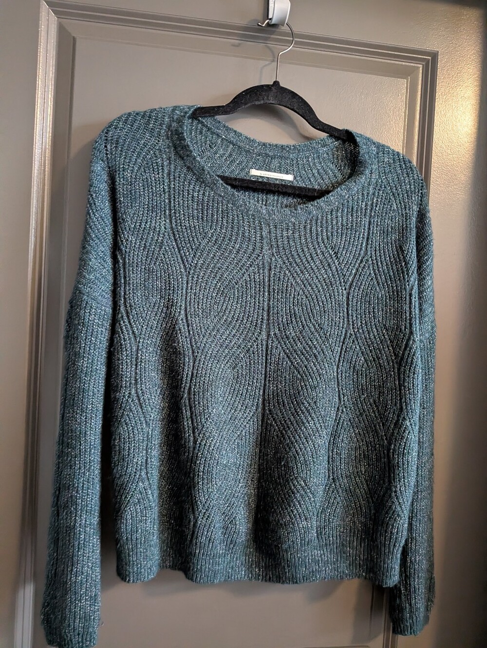 Anthropogie Cozy Cable-Knit Crewneck Sweater - Teal Green M